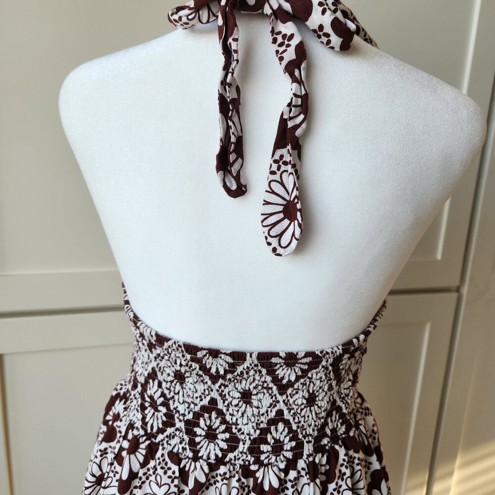 Urban Outfitters Brown White Floral Halter Mini Dress Summer Beach Festival Cute - Picture 3 of 10